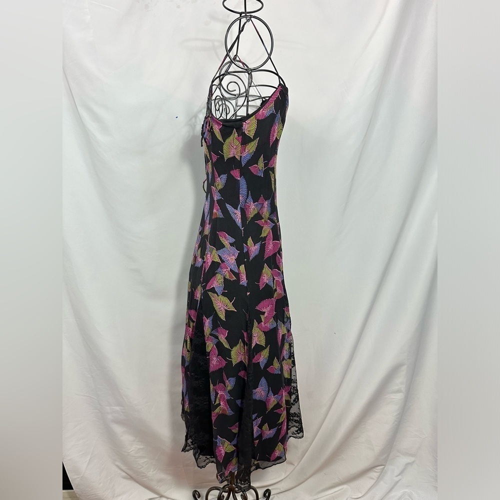 Y2K Betsey Johnson New York silk black leaf print midi dress size 6 - Picture 2 of 13